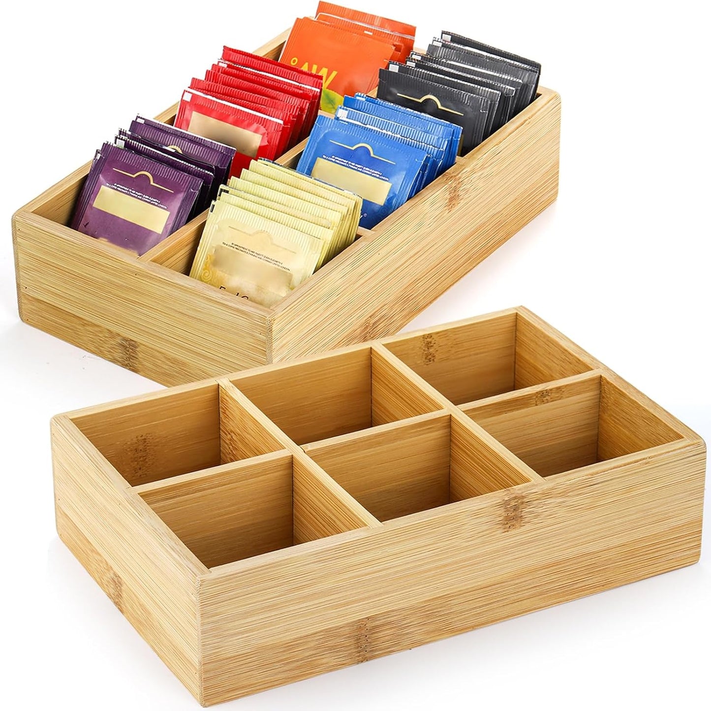 Dicunoy 2 Pack Bamboo Tea Bag Organizers, Wood Tea Bag Storage for Drawers with 6 Roomy Compartments, Sturdy Tea Chest Boxes for Shelf, Coffee Station, Sugar Packet, Sweeteners, Small Packets