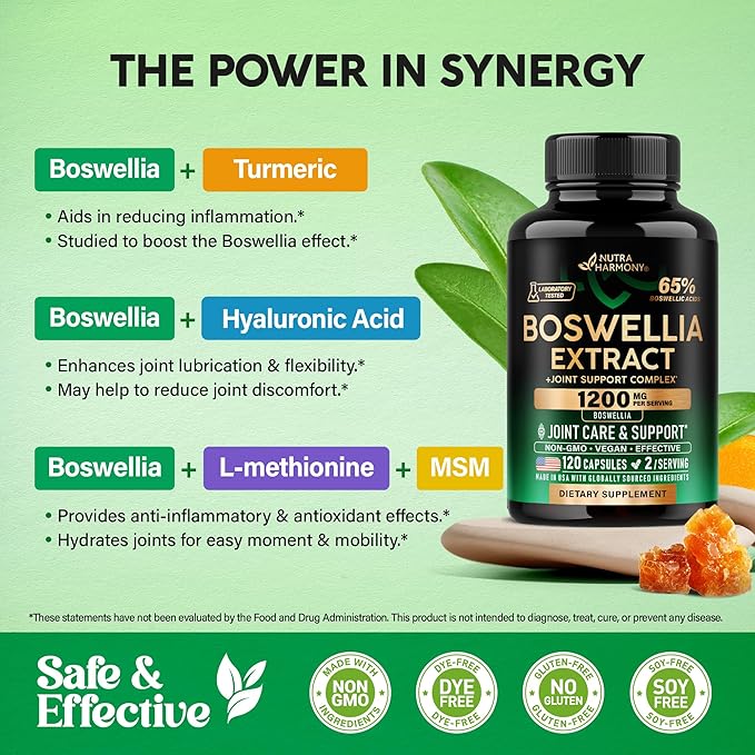 Boswellia 1200mg - Boswellia Extract | Turmeric | Hyaluronic Acid | MSM | Same - Joint Health & Comfort - Boswellia Serrata | 65% Boswellic Acid - for Men & Women - Made in USA - 120 Capsules