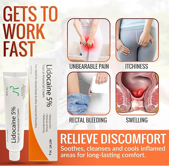 Maximum Strength 5% Lidocaine Hemorrhoid Treatment Cream for External and Internal Hemorrhoids Treatment Burn Itch Pain Relief Topical Anorectal Cream - 30 Gram Tube Made in USA