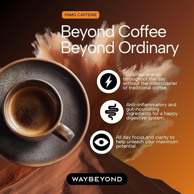 WAY BEYOND Organic Instant Bold Mushroom Coffee with 90mg Caffeine, Adaptogenic Mushrooms for Increased Focus, Energy, Digestive Health, and Stress Relief