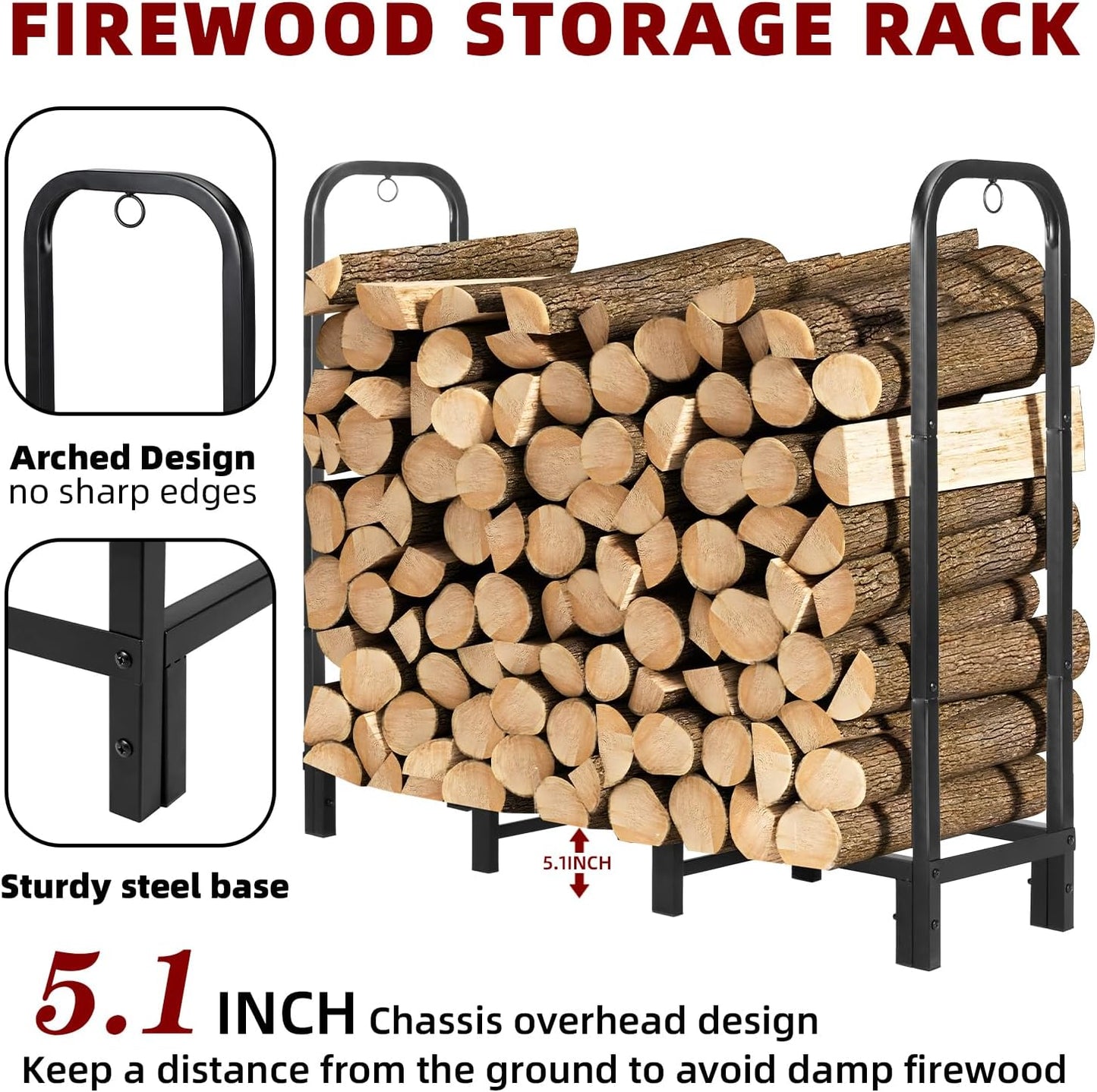 4FT Firewood Rack with Waterproof Cover,Heavy Duty Firewood Storage Log Holider for Outdoor&Indoor,Fireplace Wood Rack with 600D Oxford Fabric