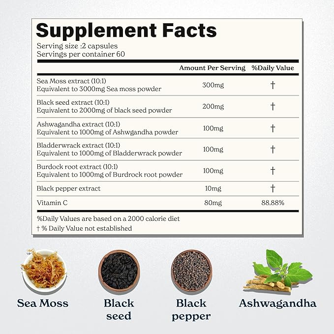 Seamoss Capsules- Irish Sea Moss with Black Seed Oil, Ashwagandha & Black Pepper for Stamina, Strength & Endurance- High Potency Sea Moss Supplement - 60 Servings, 120 Capsule