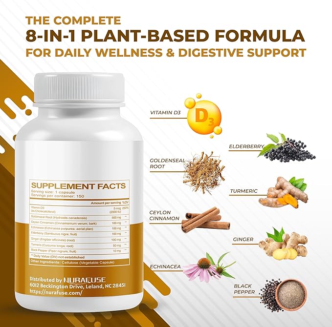 Goldenseal Root 8-in-1 Formula - with Cinnamon Ginger Echinacea Elderberry Black Pepper Vitamin D3 - Non-GMO, Gluten-Free, Soy-Free