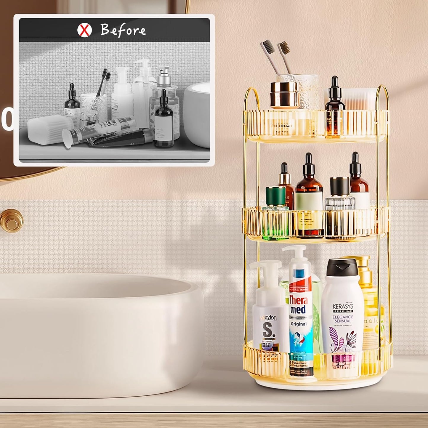 360 Rotating Makeup Organizer - Large Capacity Spinning Perfume & Cosmetic Skincare Holder for Vanity & Countertop (Vibrant Orange, 3 Tier)