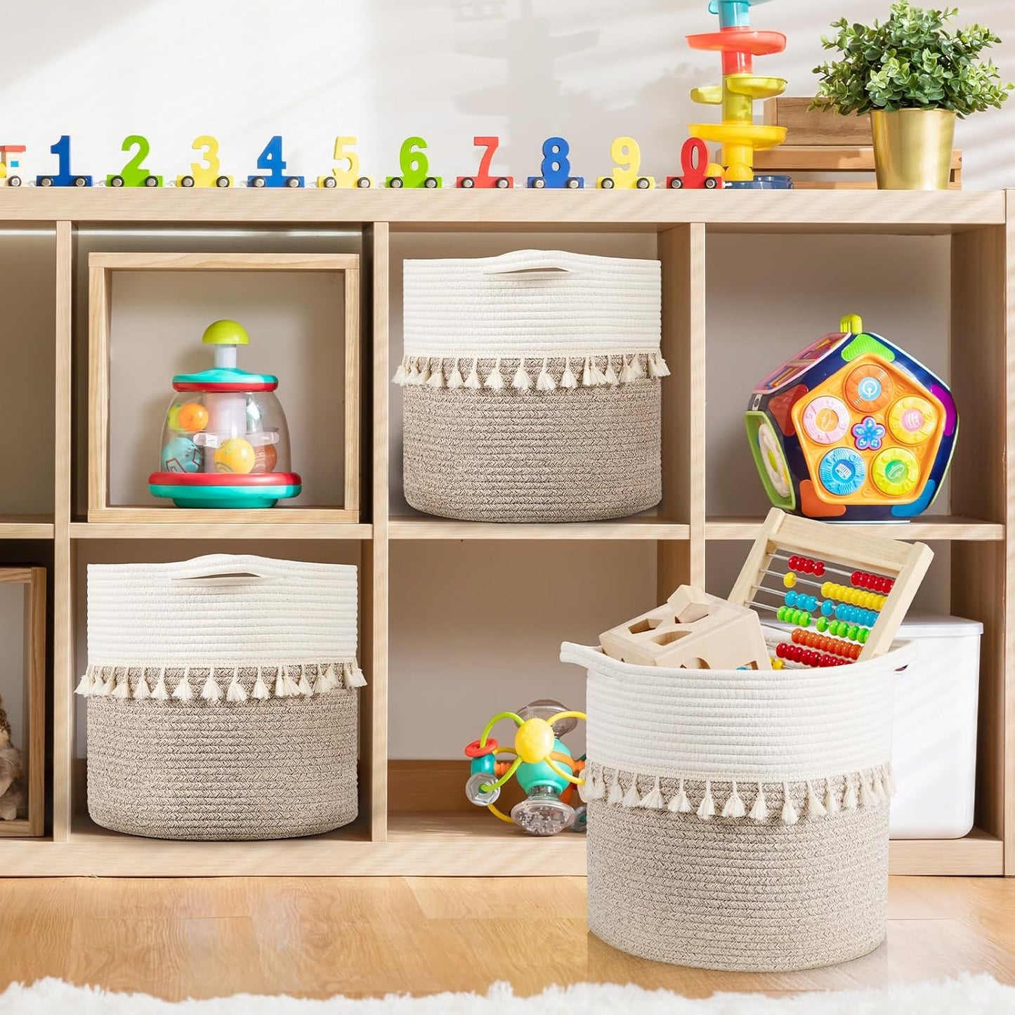 danpinera Storage Baskets, 13"x13" Woven Baskets for Storage, 3 Pack Soft Round Storage Bins for Storage Pillows, Towels, Clothes, White & Mixed Brown