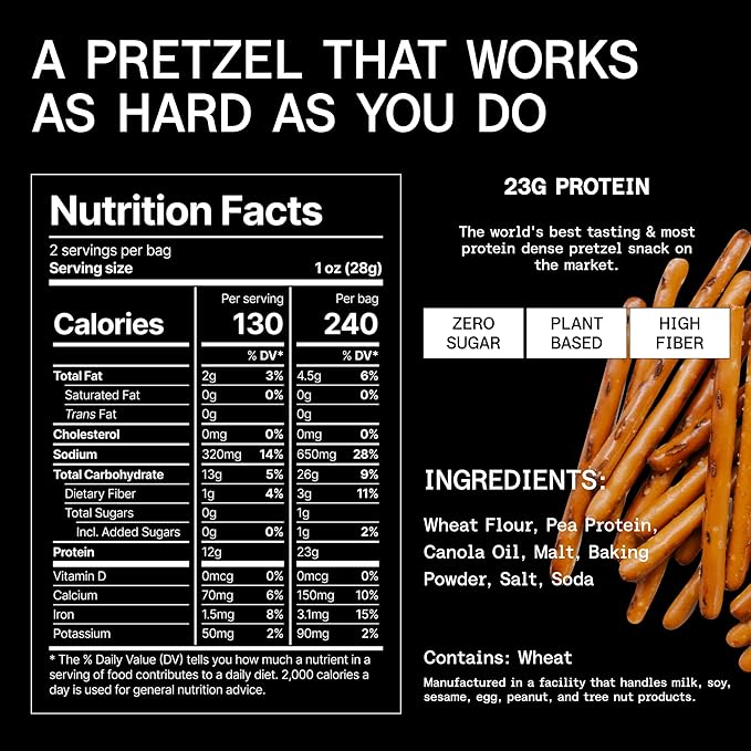 Power Pretzels High Protein Pretzel Sticks, Vegan Friendly and Plant-Based with 23g Protein per Bag, Savory and Crunchy Low Calorie Snack for Active Adults, Great for Gym, Work, or On-the-Go, 2 oz (6 Pack)