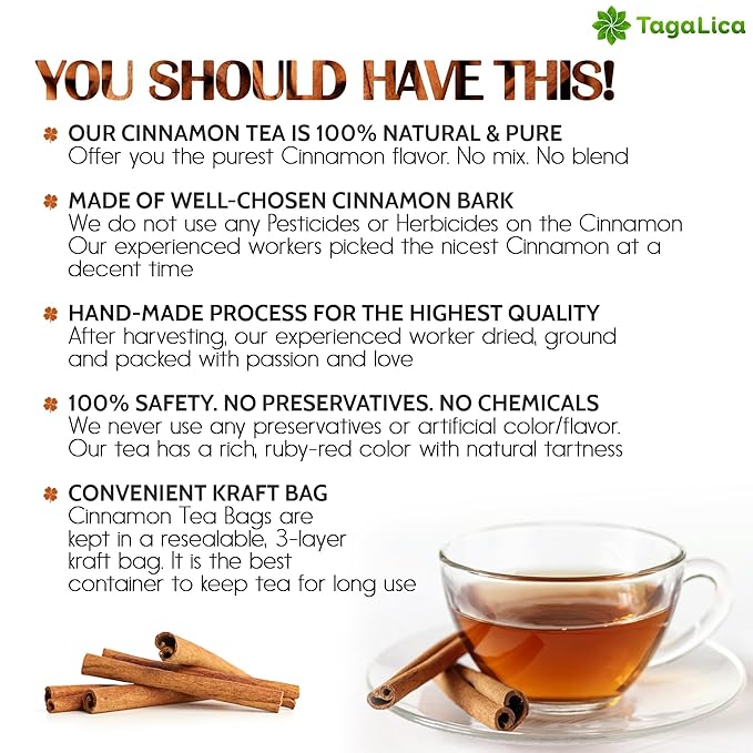 Tagalica 16 Cinnamon Tea Bags - 100% Natural & Pure Cinnamon Stick Herbal Tea. No Sugar, No Caffeine, No Gluten, Vegan