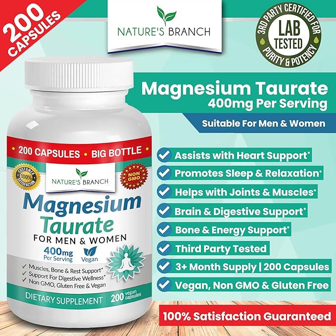 Magnesium Taurate 400mg - 200 Capsules - High Absorption for Sleep, Heart Health, Calm, Joint Supplement for Women and Men - Made in USA, Pure Elemental Mag Powder Plus Taurine - Extra Strength Pills