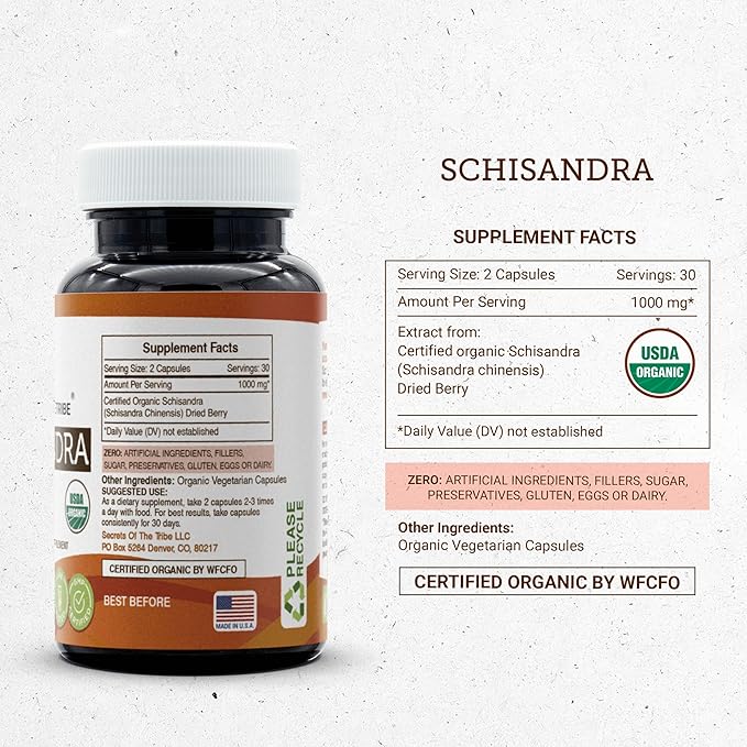 Secrets of the Tribe Schisandra 60 Capsules, 1000 mg, USDA Organic Schisandra (Schisandra Chinensis) Dried Berry (60 Capsules)