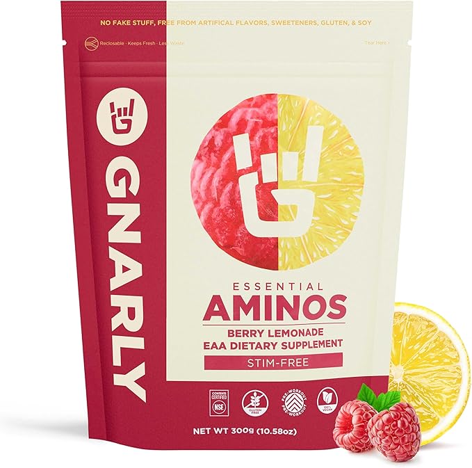 Gnarly Nutrition Essential Aminos Powder, Berry Lemonade – Pre-Workout Amino Acids – NSF Contents Certified – Supplement to Support and Rebuild Muscle – Berry Lemonade Caffeine Free, 10.58 oz