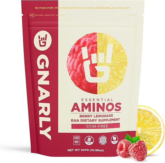 Gnarly Nutrition Essential Aminos Powder, Berry Lemonade – Pre-Workout Amino Acids – NSF Contents Certified – Supplement to Support and Rebuild Muscle – Berry Lemonade Caffeine Free, 10.58 oz