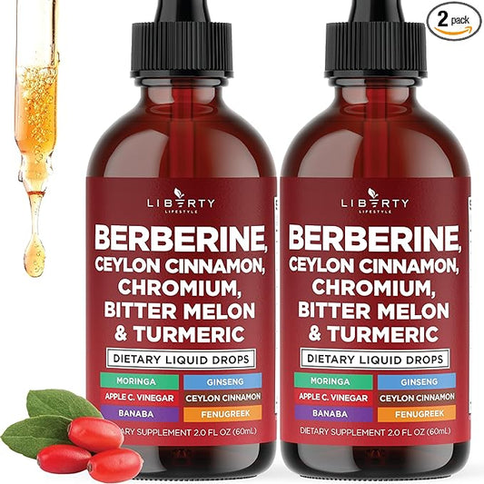Berberine with Ceylon Cinnamon Supplement Liquid Drops + Bitter Melon Extract, Glucomannan, Gymnema, Chromium, Turmeric, Panax Ginseng, Moringa- 4 OZ