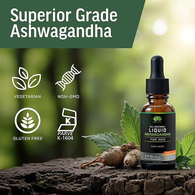 BIOACTIVE Liquid Ashwagandha Drops - Testosterone Health Supplement* - Adaptogen for Stress Support, Men’s Wellness - Organic, Vegetarian, Gluten Free, Non-GMO, 59 Servings (1 Oz, Honey)