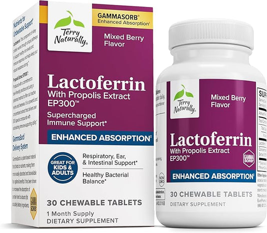 Terry Naturally Lactoferrin with Propolis Extract EP300 - Supplement for Immune Support - Respiratory, Ear & Intestinal Support - 30 Tablets (30 Servings)