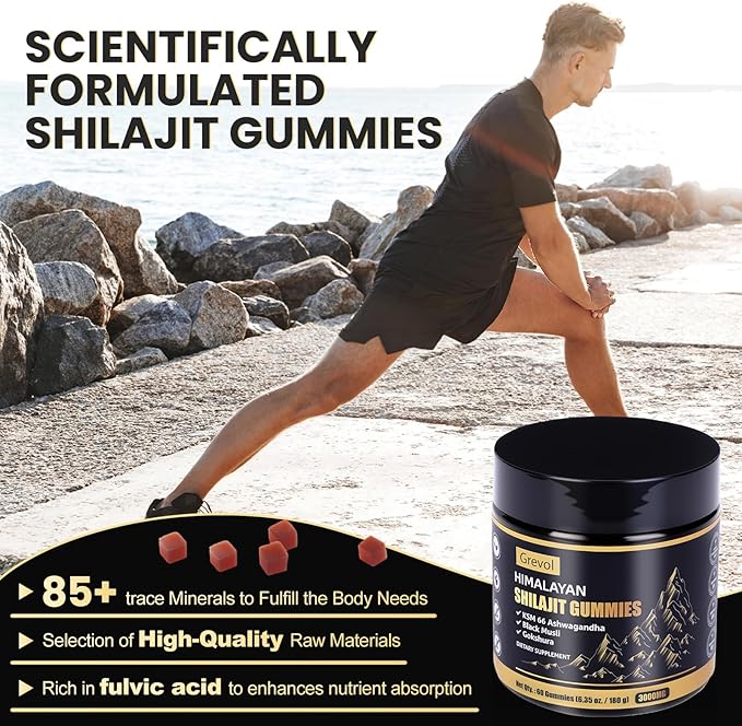 Pure Himalayan Shilajit Gummies with Ashwagandha - Fulvic Acid & 85+ Trace Minerals - No Added Sugar - Shilajit for Men & Women - 60 Gummy