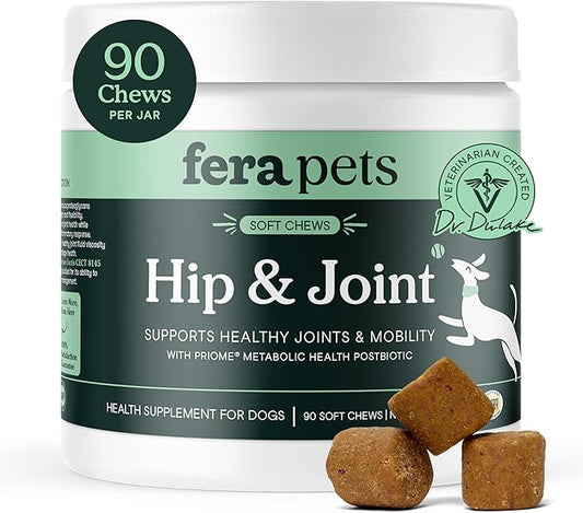 Fera Pet Organics Hip and Joint Supplement for Dogs 90 Chews Vet Created with Glucosamine Chondroitin, Omega 3, and Postbiotics to Support Overall Joint Health, Comfort, and Mobility