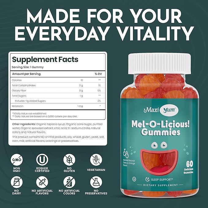 Maxi Health 1mg Melatonin Gummies – Kids Melatonin Chewables with Natural Cherry & Orange Flavor – Adult and Baby Sleep Help Supplement to Support Restful Nights (60 Count)