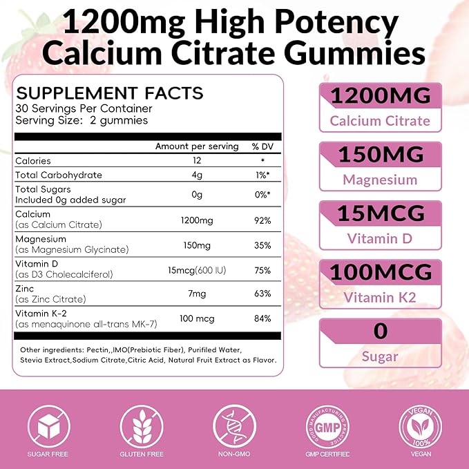 Calcium Citrate Gummies 1200mg with Magnesium,Vitamin D3, K2, Calcium Supplements for Women & Men- Easy to Digest, Vegan, Gluten Free,Sugar Free- Strawberry Flavor, 60 Calcium Gummies