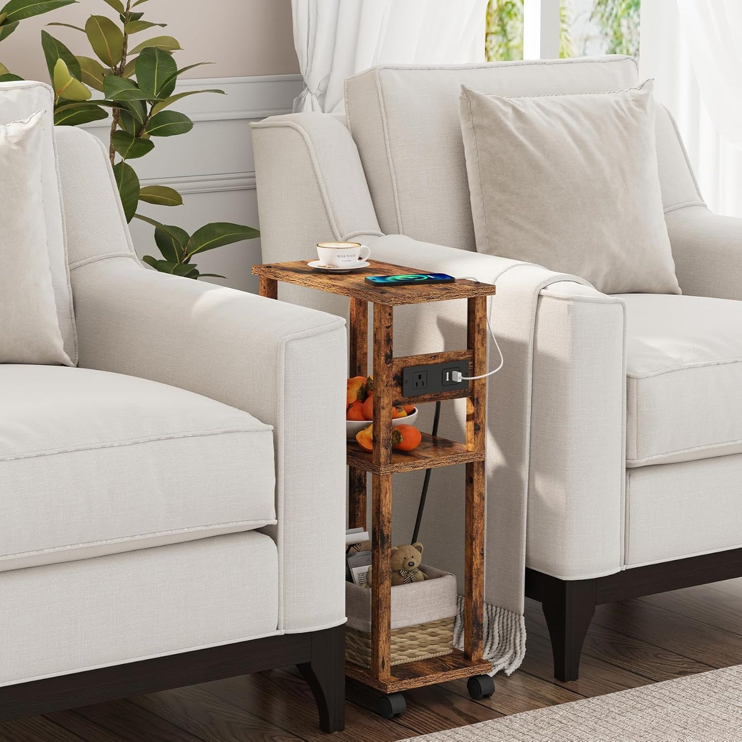 TUTOTAK Small Narrow Side Table with Charging Station, Skinny End Table for Small Spaces, Slim Nightstand with USB Ports and Outlet, Sofa Beside Table with Wheels, Rustic Brown TB01BB046C