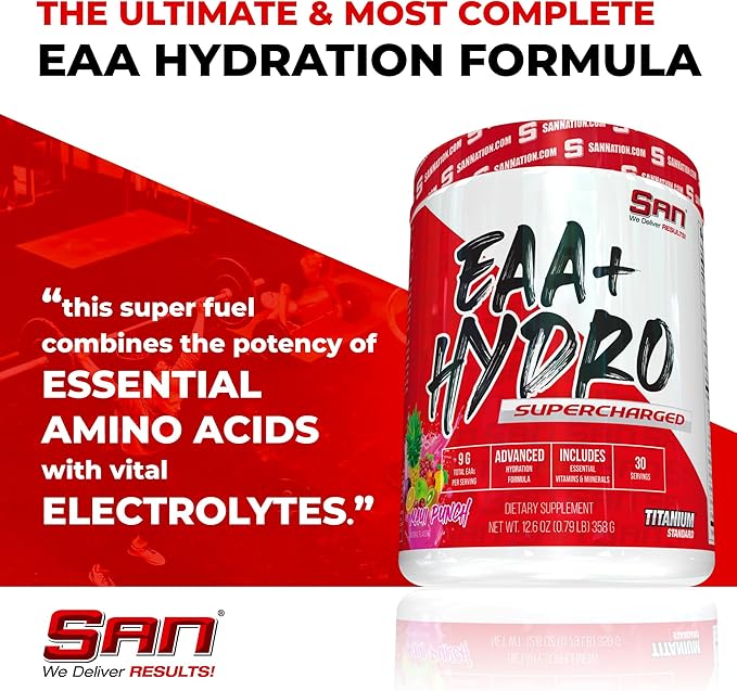 SAN EAA Hydration | EAAs + BCAA| Muscle Recovery & Intra | 9G Essential Amino Acids + Electrolytes | Maui Punch 30 Serving
