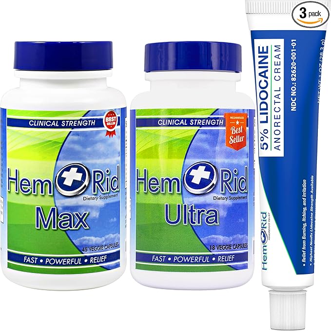 HemRid Complete Hemorrhoid Care System – Potent 5% Lidocaine Cream for Rapid Topical Comfort, Max Ultra Capsules for Ongoing Vascular Health and Circulatory Support