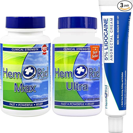 HemRid Complete Hemorrhoid Care System – Potent 5% Lidocaine Cream for Rapid Topical Comfort, Max Ultra Capsules for Ongoing Vascular Health and Circulatory Support