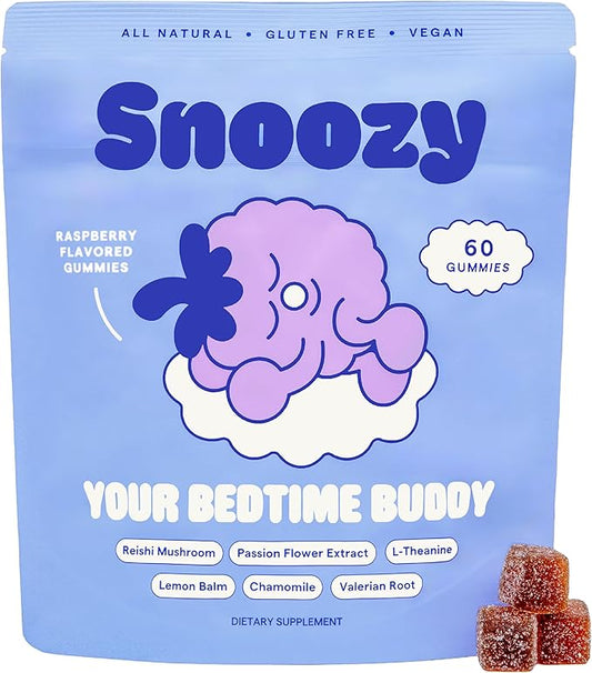 Snoozy Bedtime Buddy, Sleep Mushroom Gummies | Reishi, Chamomile, Valerian Root, Lemon Balm Extract | Natural Sleep Aid, Melatonin Free | Raspberry Flavored, 60 Gummies, 1 Pack