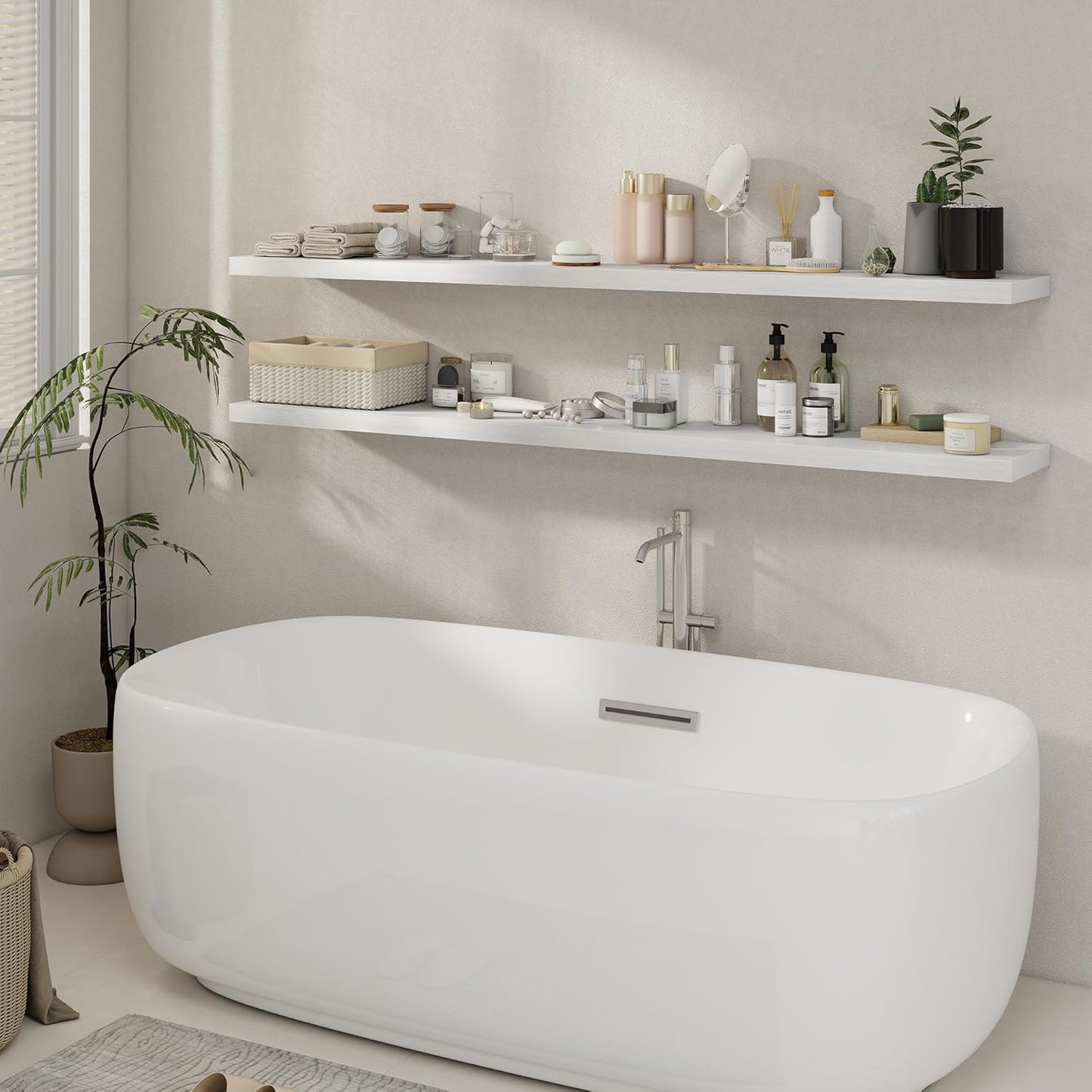 72 Inch Floating Shelves 2 Pack, 8 Inch Deep Floating Shelf Wall Mounted, Large Shelves with Invisible Bracket for Books|Storage, Rustic Wood Wall Shelf for Bedroom, Kitchen, Living Room, White