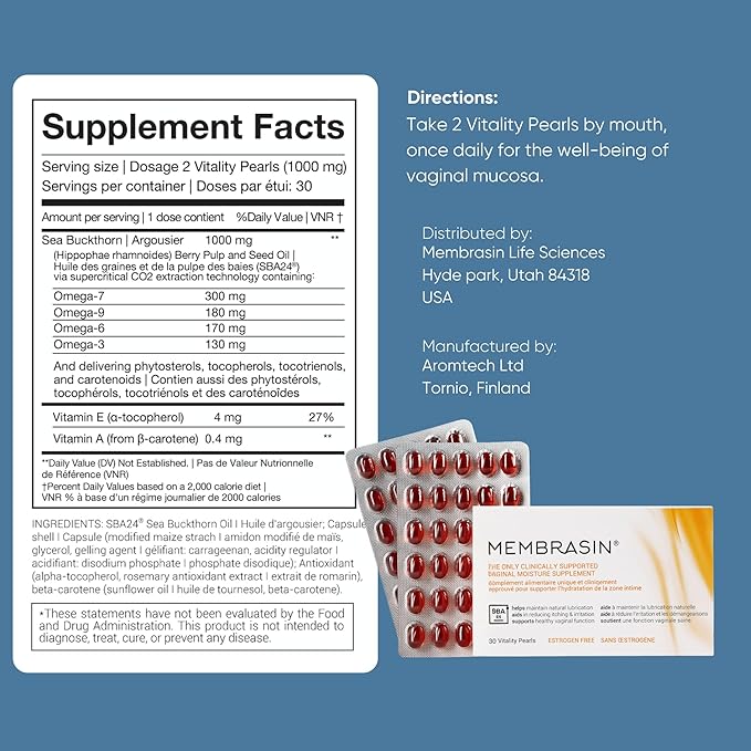 Membrasin Vaginal Moisture Support Vitality Pearls, Menopause Supplement for Vaginal Dryness & Itch, Estrogen-Free Supplement, 100% Natural Formula, Made with Sea Buckthorn Oil, 30 Oral Softgels