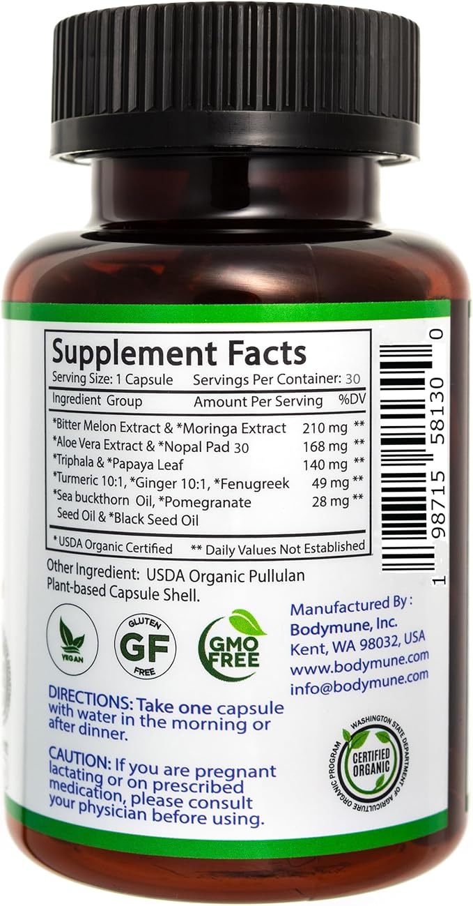 USDA Organic Blood Sugar Blend | Supports Healthy Metabolism* | with Bitter Melon, Moringa, Aloe Vera, Nopal, Papaya Extracts & More | 30-Day Supply | Vegan & Non-GMO | USA-Made