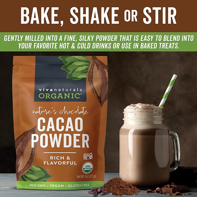 Viva Naturals Organic Cacao Powder, 8 oz - Unsweetened Cocoa Powder With Rich Dark Chocolate Flavor, Perfect for Baking & Smoothies - Certified Vegan, Keto & Paleo, Non-GMO & Gluten-Free, 227 g