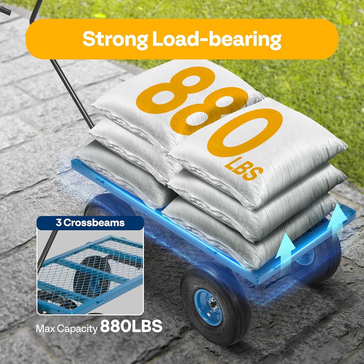 VIVOHOME Heavy Duty 880 Lbs Capacity Mesh Steel Garden Cart Folding Utility Wagon with Removable Sides and 4.10/3.50-4" Wheels 10 inch Tire (Blue)