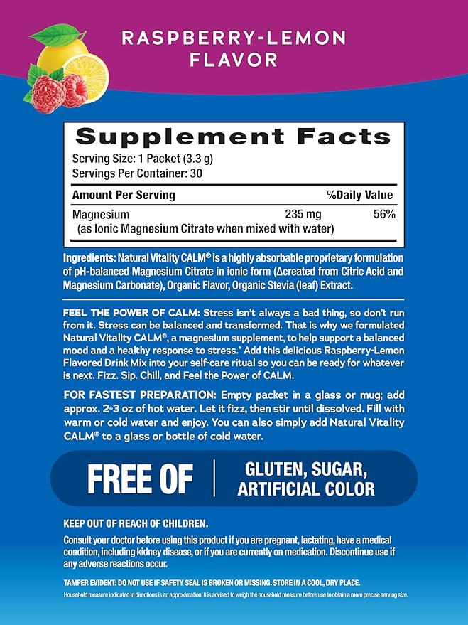 Natural Vitality Calm, Magnesium Citrate Supplement, Anti-Stress Drink Mix Powder - Gluten Free, Vegan, & Non-GMO, Raspberry Lemon, 0.12 oz, 30 Packets