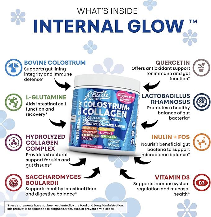 Bovine Colostrum Powder + Collagen Peptides with L-Glutamine L-Lysine Prebiotics Probiotics Digestive Enzymes Vitamin D K2 C Quercetin & Folate | Gut Health Supplement Internal Glow by Clean Nutra