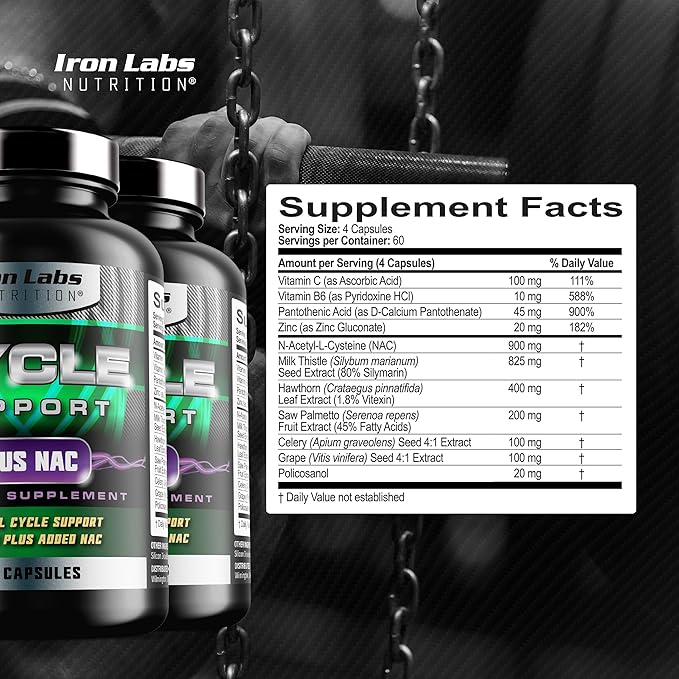 Cycle Support Plus NAC (N-Acetyl-L-Cysteine) - On Cycle Support Supplements for Men - with N Acetyl L Cysteine, Milk Thistle, Hawthorne Berry and More (240 Capsules)
