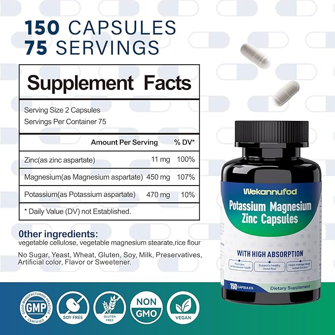 Potassium Magnesium Supplement - 150 Capsules - High Absorption Magnesium Complex - Potassium Supplement to Support Vascular Health & Leg Cramp
