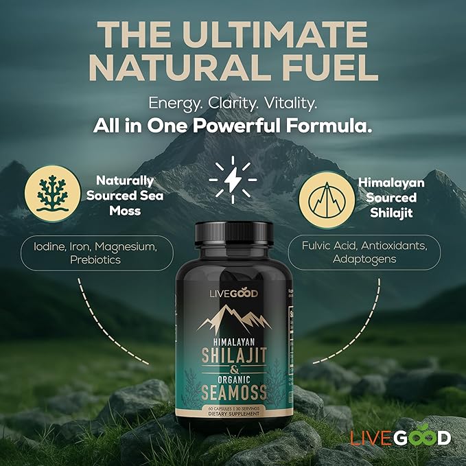 LIVEGOOD Himalayan Shilajit and Organic Sea Moss Capsules, Fulvic Acid Organic, Sea Moss and Shilajit Combo for Energy, Wellness and Vitality Support, Supports Focus and Mental Clarity (60 Count)