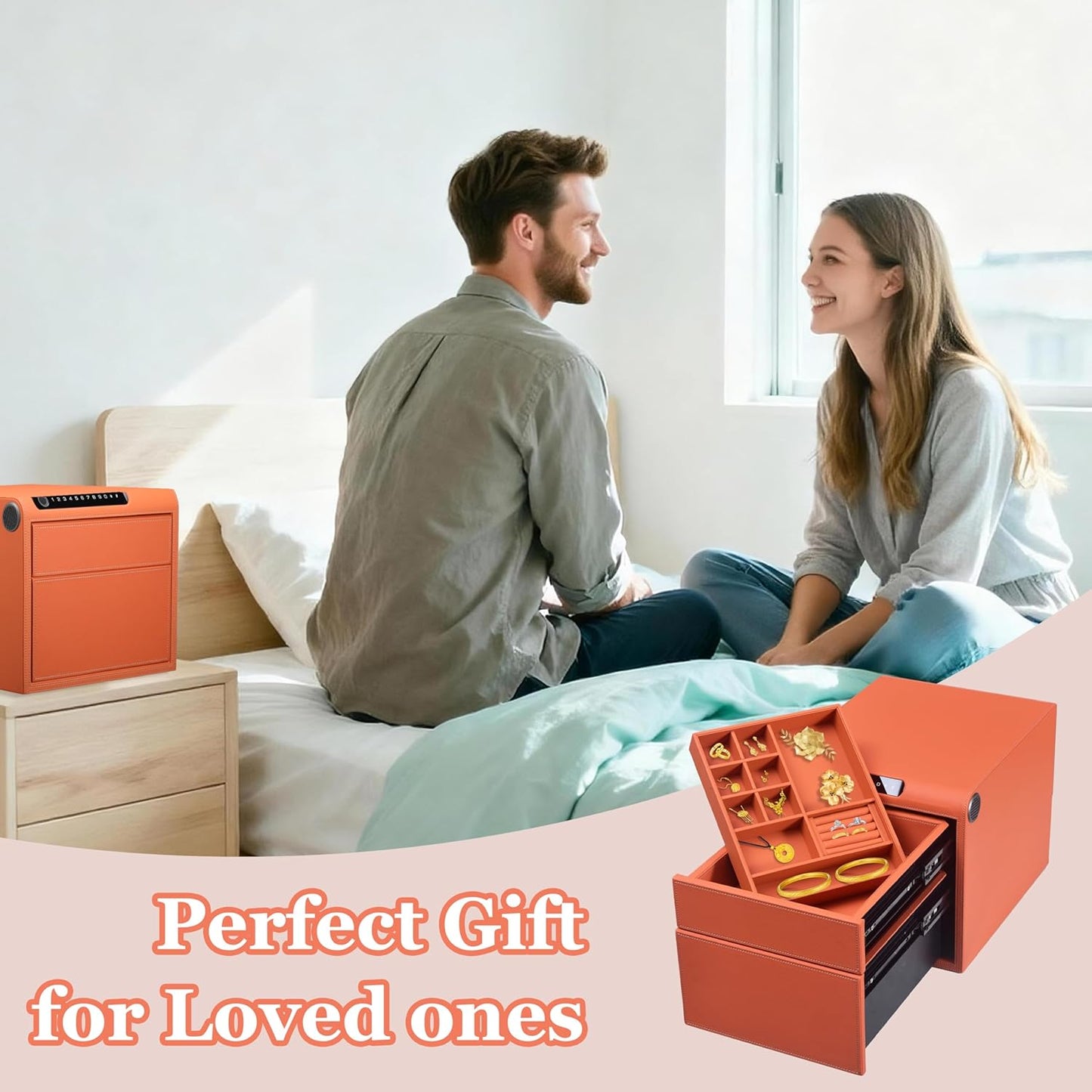 Jewelry Safe with Drawers，Biometric Fingerprint safe, Slide-Away Handgun Safe for Pistols, Leather Wrapped Jewelry Storage Safe, Digital Keypad & Quick-Access Drawer(Orange- 2 Drawer)