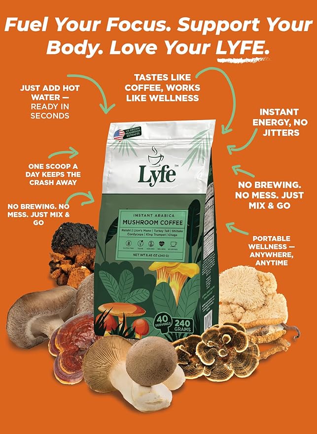 LYFE Organic Instant Decaf Mushroom Coffee – Lion’s Mane, Chaga, Cordyceps, Turkey Tail | USA Grown Adaptogenic Mushrooms for Better Energy, Focus, Gut Health, Immunity – 40 Servings
