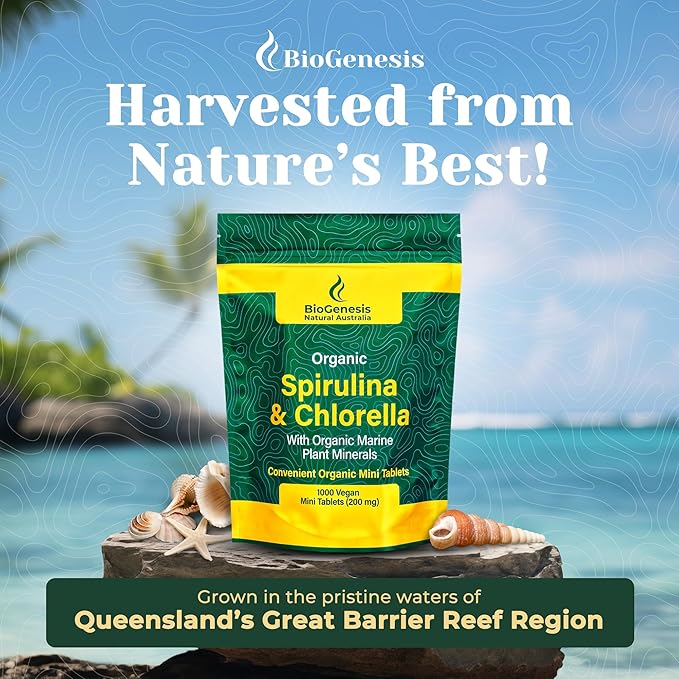 Biogenesis Organic Spirulina, Chlorella & Marine Plant Minerals - 1000 Count (200 mg) | Australian Grown Algae Superfood | Support Energy & Immunity | Vegan Mini Tablets