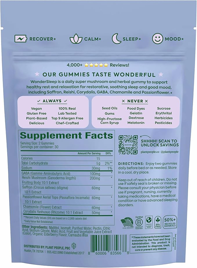 Plant People WonderSleep Mushroom Gummies Supplement for Sleep and Relaxation with Reishi Super Mushrooms, Wild Elderberry Flavor, No Sugar (60 Count)