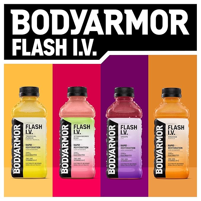 BODYARMOR Flash I.V. Electrolyte Beverage, Tropical Punch, Hydration Drink with Coconut Water For Rapid Rehydration, Post Workout Recovery, 20 Fl Oz (Pack of 12)