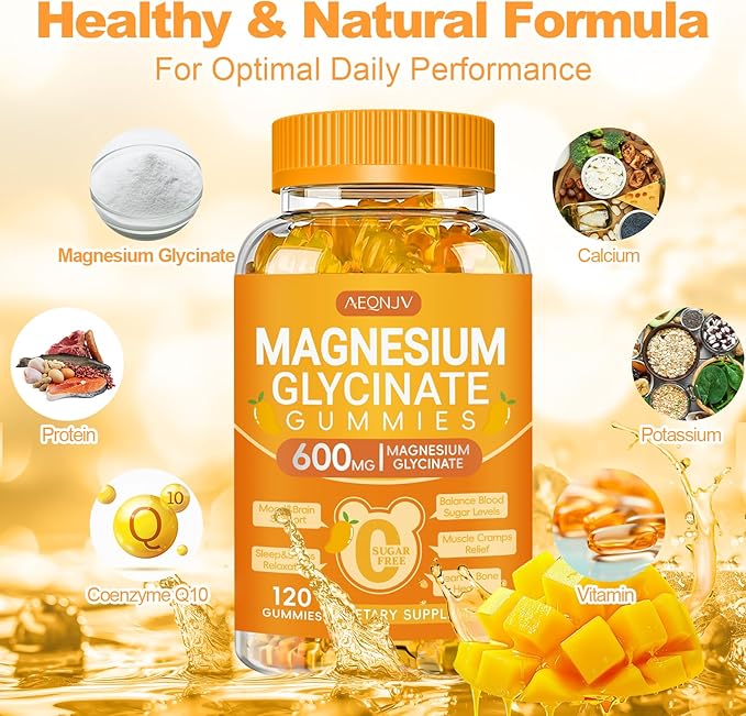 Magnesium Glycinate Gummies 600mg, Chewable Sugar Free Potassium Gummies with Magnesium Glycinate, Vitamin D, B6 and CoQ10 for Sleep, Relaxation, Brain & Muscle, 2 Pack