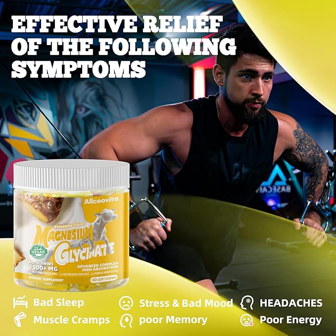 Magnesium Glycinate Soft Chews, Pineapple Flavor.Chewable Sugar Free Potassium Magnesium Chews with Magnesium Glycinate, Vitamin D, B6, and CoQ10 for Calm Support & Sleep for Adults, 60 Days Supply