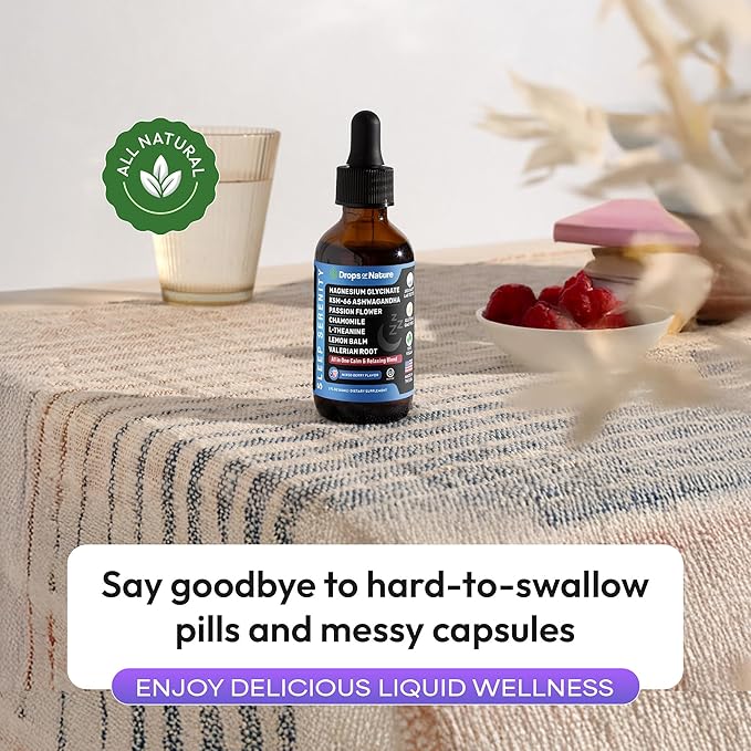 Magnesium Glycinate & Ashwagandha Liquid Drops with Valerian Root, Chamomile, Passion Flower, Lemon Balm & L-Theanine - Vegan Fast Absorption - Supplement for Wellness & Relaxation (Mixed Berry, 60mL)