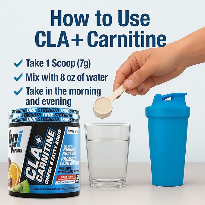 BPI Sports CLA+Carnitine – CLA L Carnitine & Linoleic Acid – L Carnitine Supplement for Weight Loss, Metabolism & Lean Muscle – Caffeine Free – Fruit Punch – 50 Servings – 12.34 oz