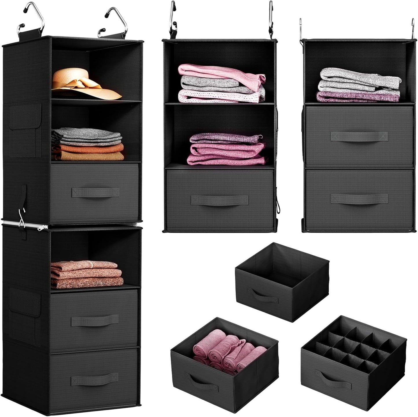 Pipishell 6-Shelf Hanging Closet Organizer, Hanging Shelves with 2 Separable 3-Tier Shelves, Closet Shelves Organizer with 3 Removable Drawers for Wardrobe, Nursery, Baby Clothes, Black