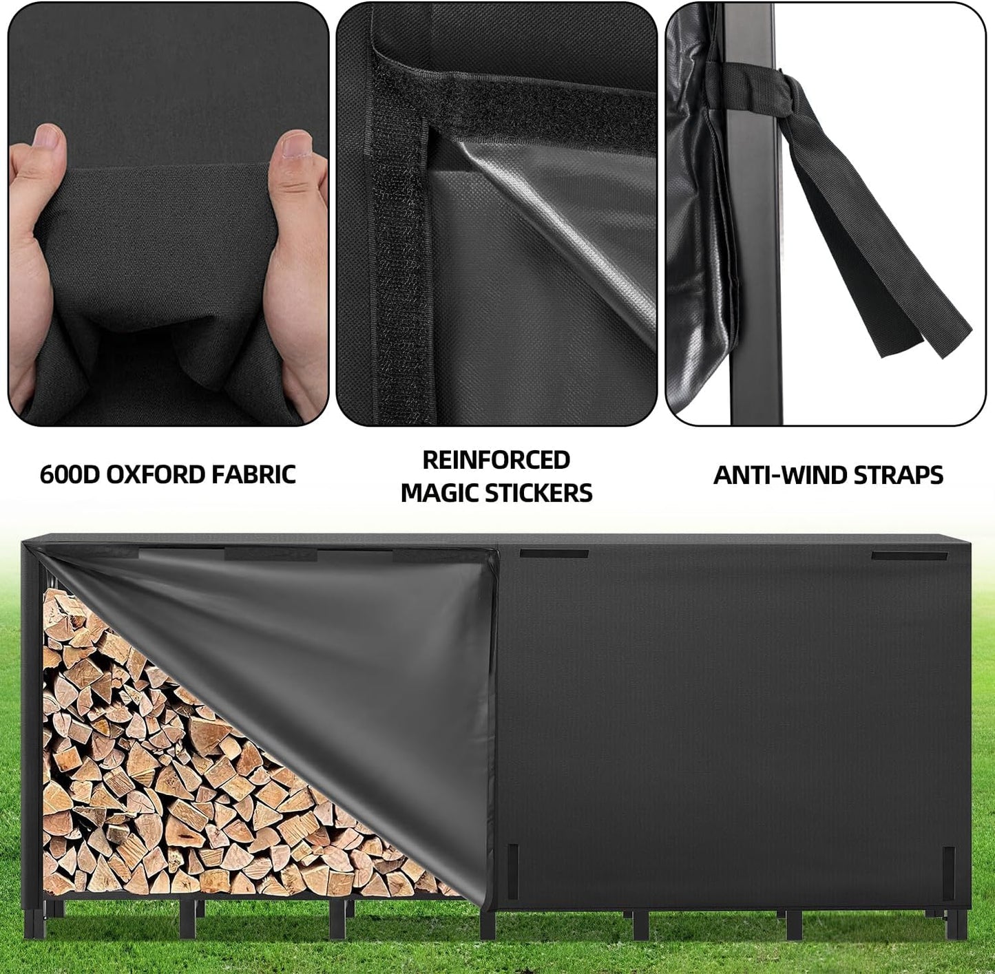 8FT Firewood Rack Outdoor with Cover, Heavy Duty Adjustable Firewood log Storage & Holder, Wood Pile Lumber Storage Rack Stacking Outside for Courtyard Patio.