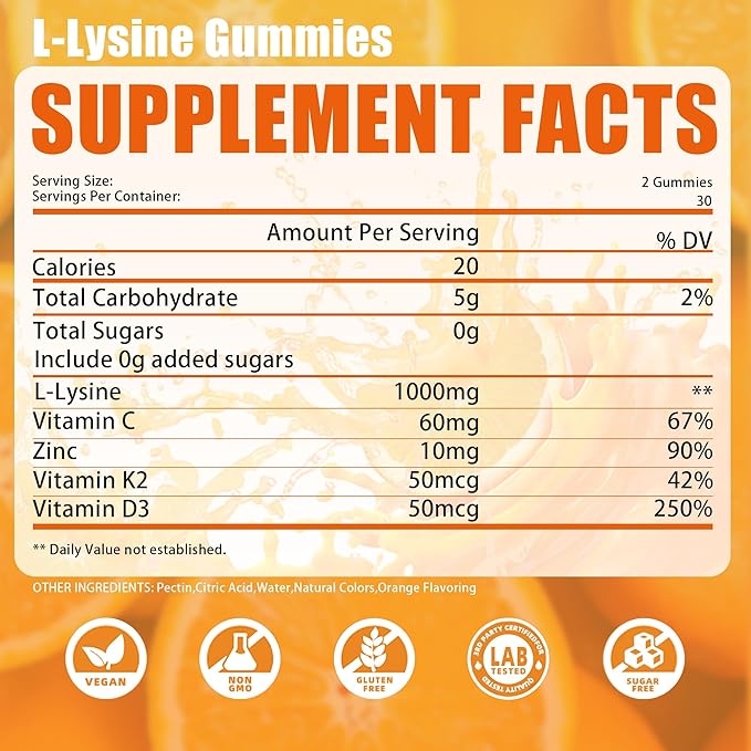 L-lysine Gummies 1000mg, Chewable Lysine Supplement with Vitamin C, D3, K2 & Zinc, Enhance Immunity, Lips & Skin Health, Collagen Growth, Sugar-Free, Gluten-Free, 60 Count (Pack of 2)