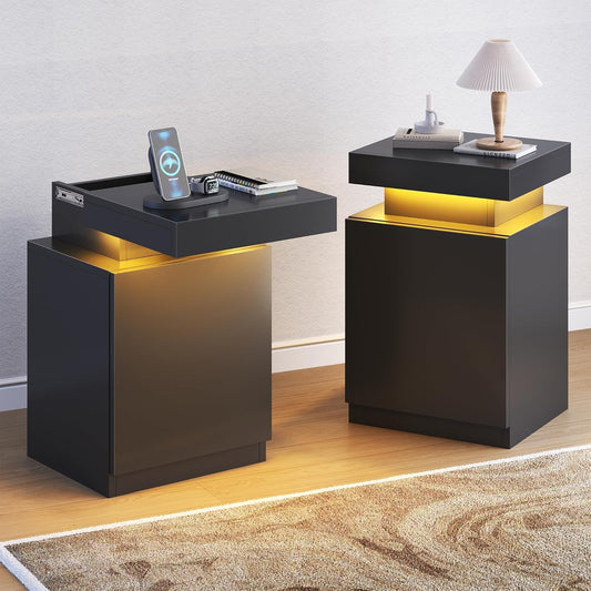 MXV Nightstand with LED Lights & Charging Station, Black Bedside Tables with USB Ports, Storage Cabinet & Drawers for Bedroom, Modern End Tables for Living Room (Black, 17.7，Set of 2)